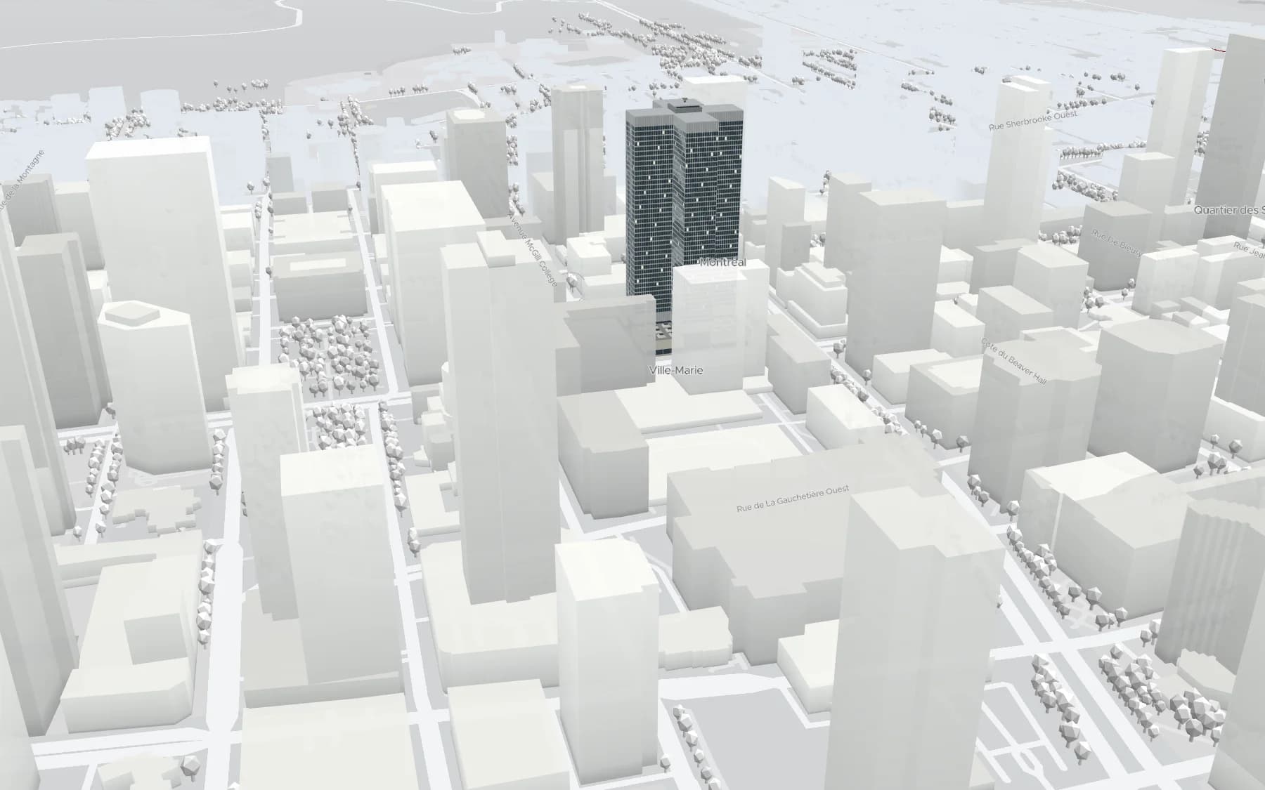 Downtown Montréal around Place Ville Marie in Codriver’s 3D map.