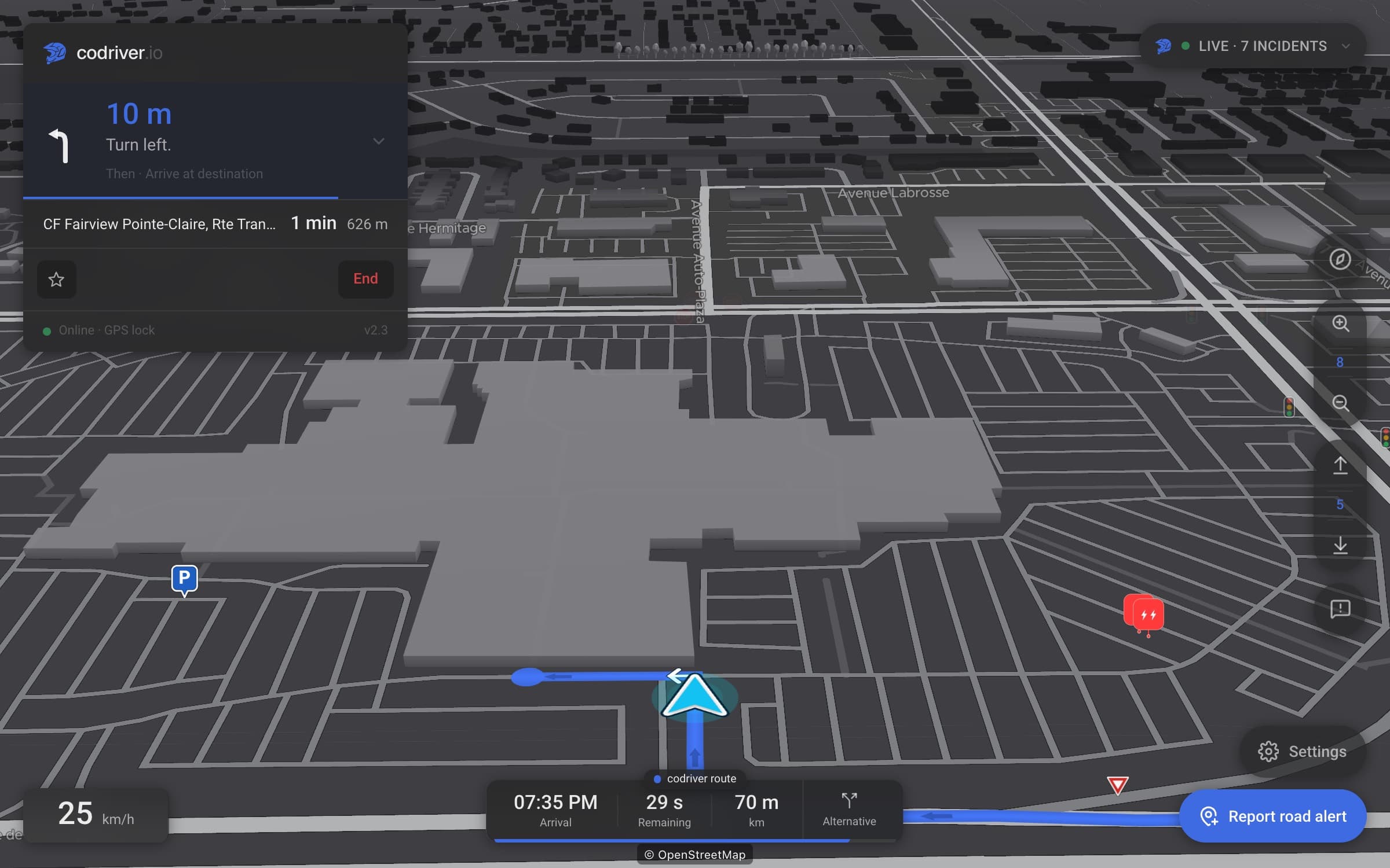 A tilted 3D night map arriving at CF Fairview Pointe-Claire: the blue route turns along the mall and ends in a disc at its entrance, a P marker stands in the customer car park, and the turn card reads Turn left, then Arrive at destination.