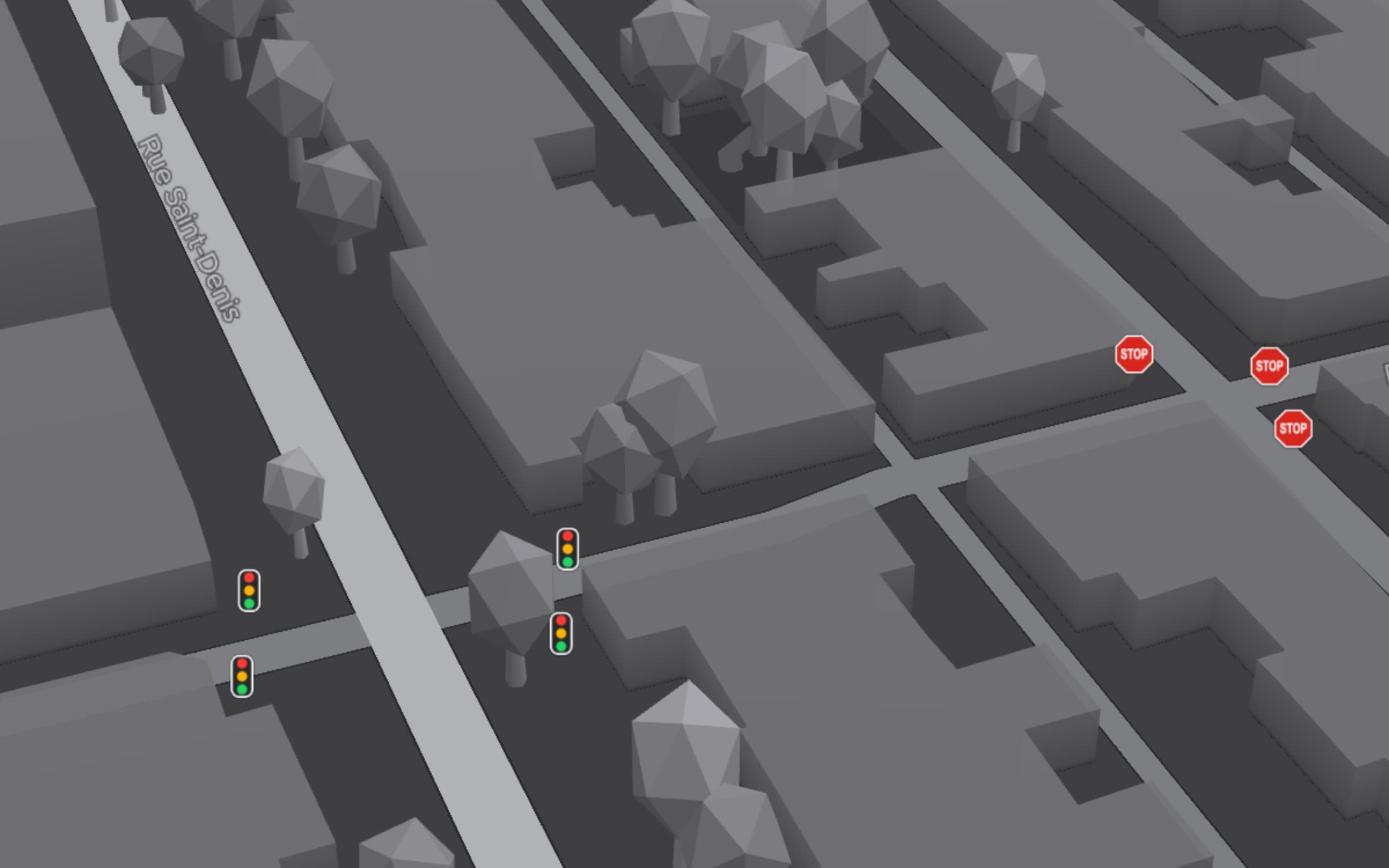 A tilted 3D night map of the Plateau in Montreal: traffic-light icons on each corner of a junction on Rue Saint-Denis, and red STOP icons at an all-way stop on the next street.