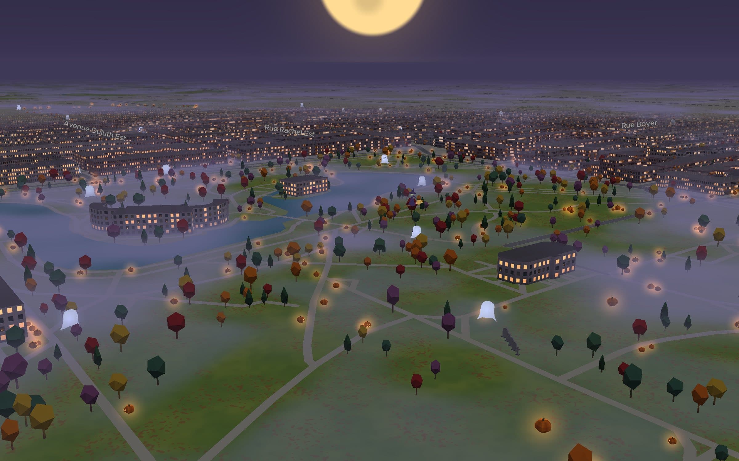 Parc La Fontaine, Montreal, at night: a low fog over the park, ghosts, glowing pumpkins along the paths and a big moon over the city.