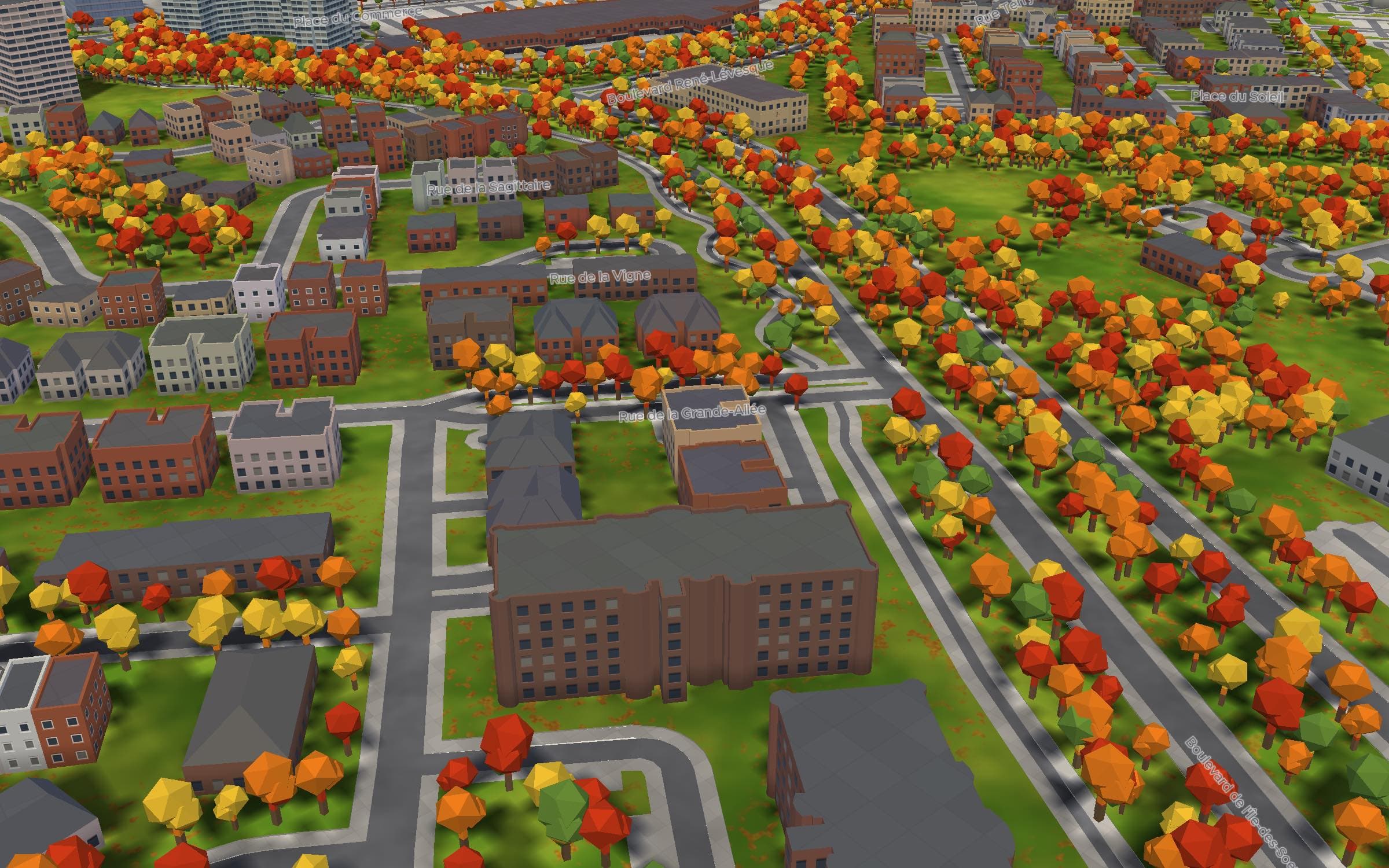 The miniature world on Nuns' Island, Montreal: brick houses and lawns under red and gold maples in October.