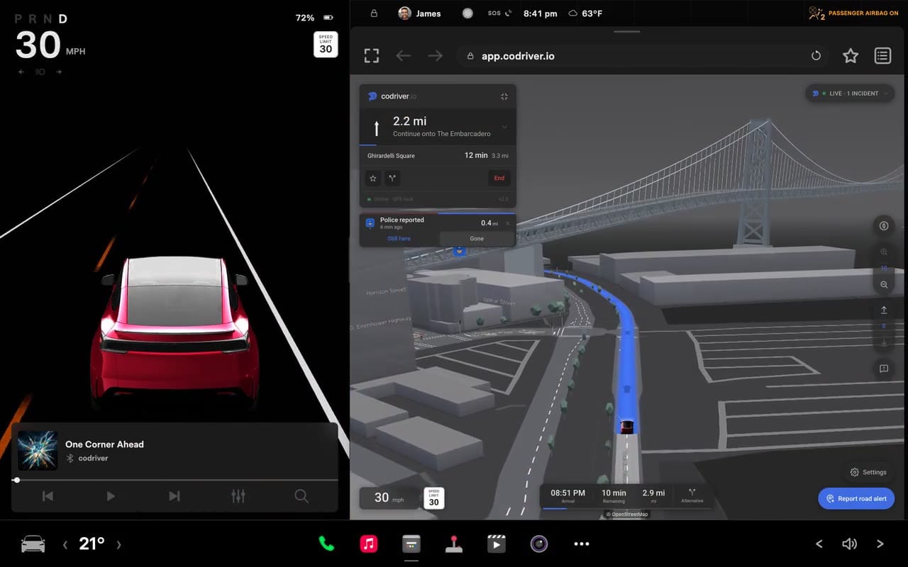 codriver app, in the Tesla browser