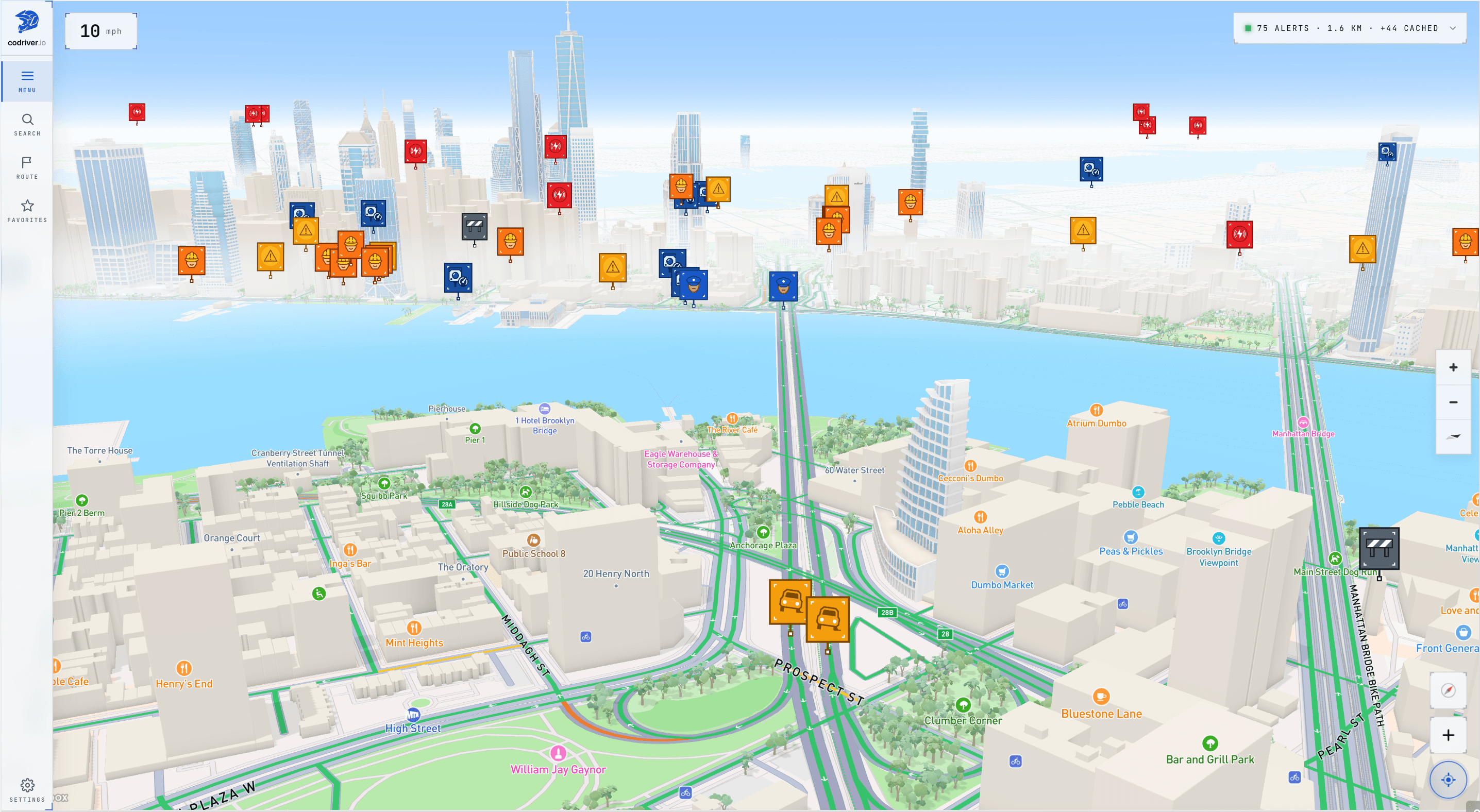 codriver running in the Tesla browser: 3D cityscape view with live community alert pins