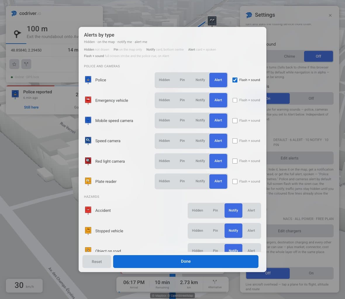 Alerts by type includes a Plate reader row with Hidden, Pin, Notify and Alert choices
