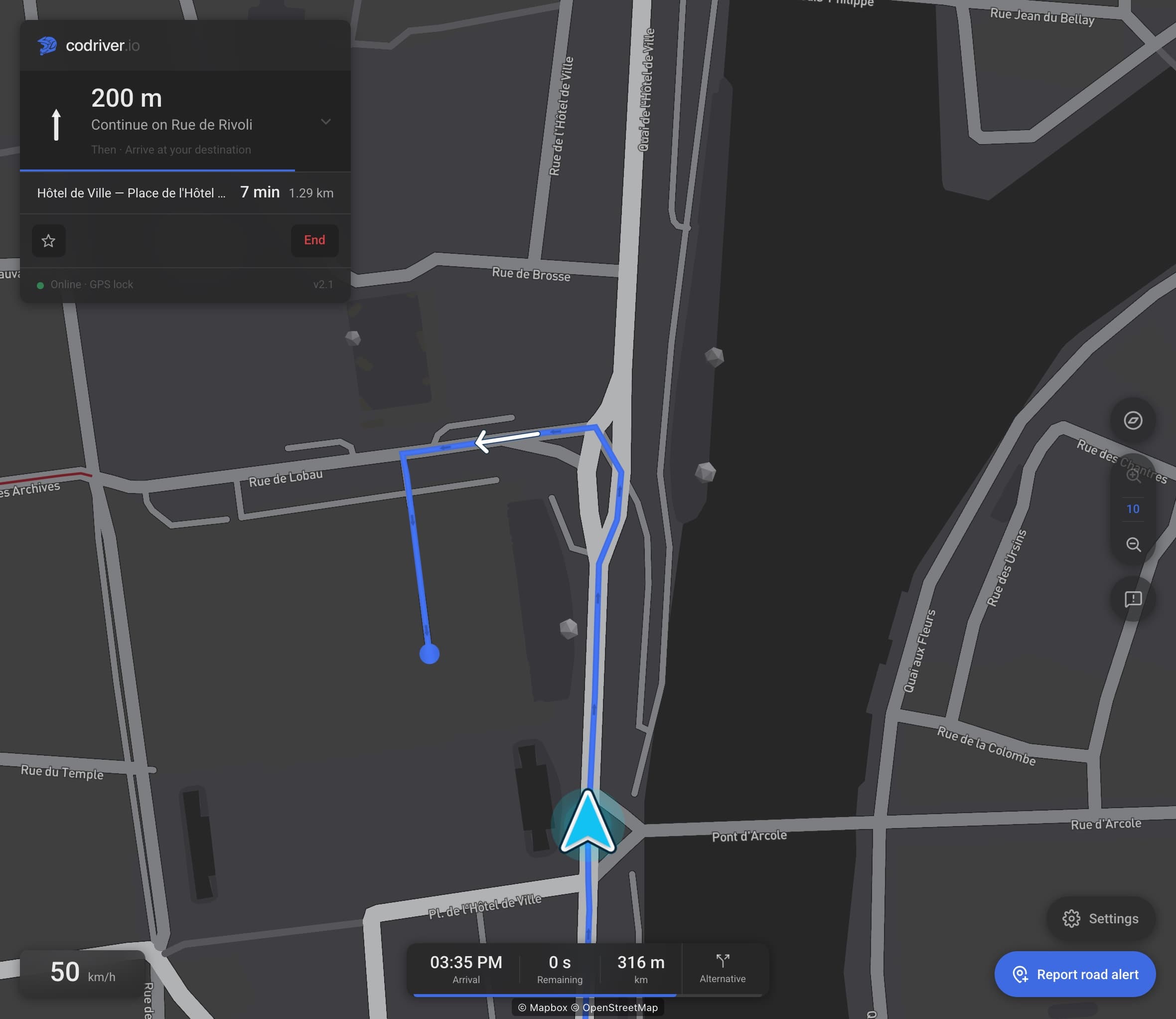 A blue disc on the road marking the end of the blue route, ahead of the car