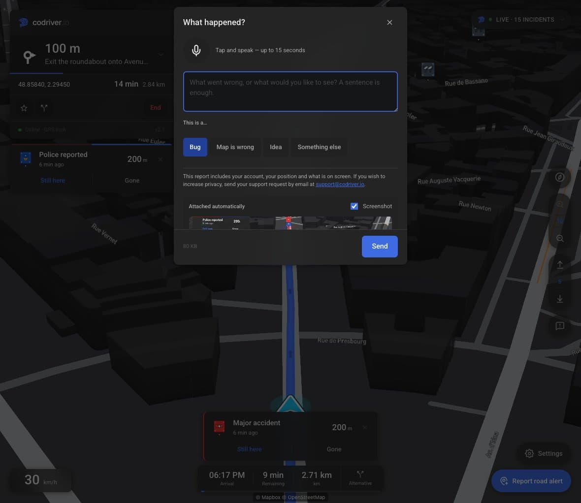 Feedback form with a voice recording button, issue categories, privacy notice and an attached screenshot preview