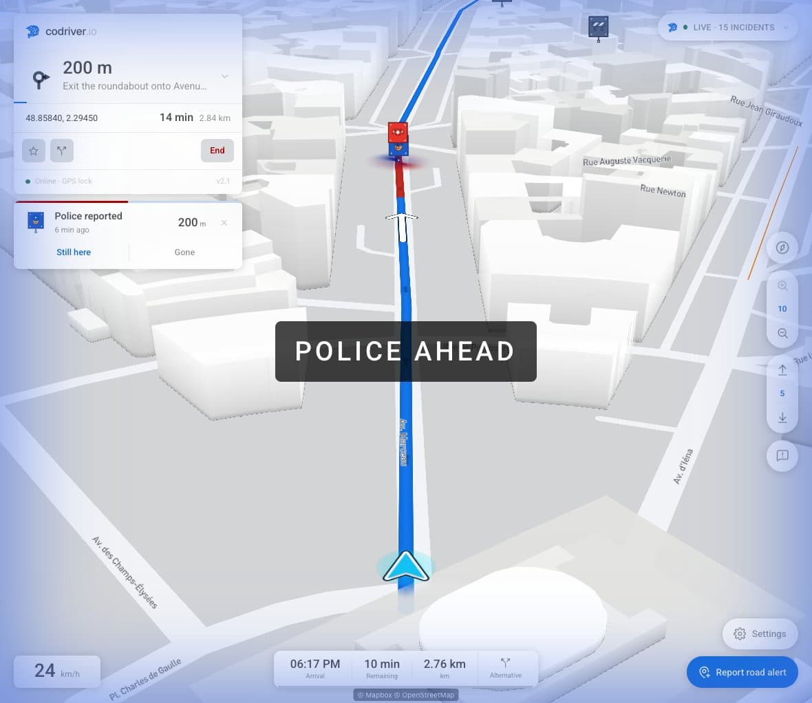 Red and blue lights beneath a police pin, an edge glow and the Police ahead alert over a visible route