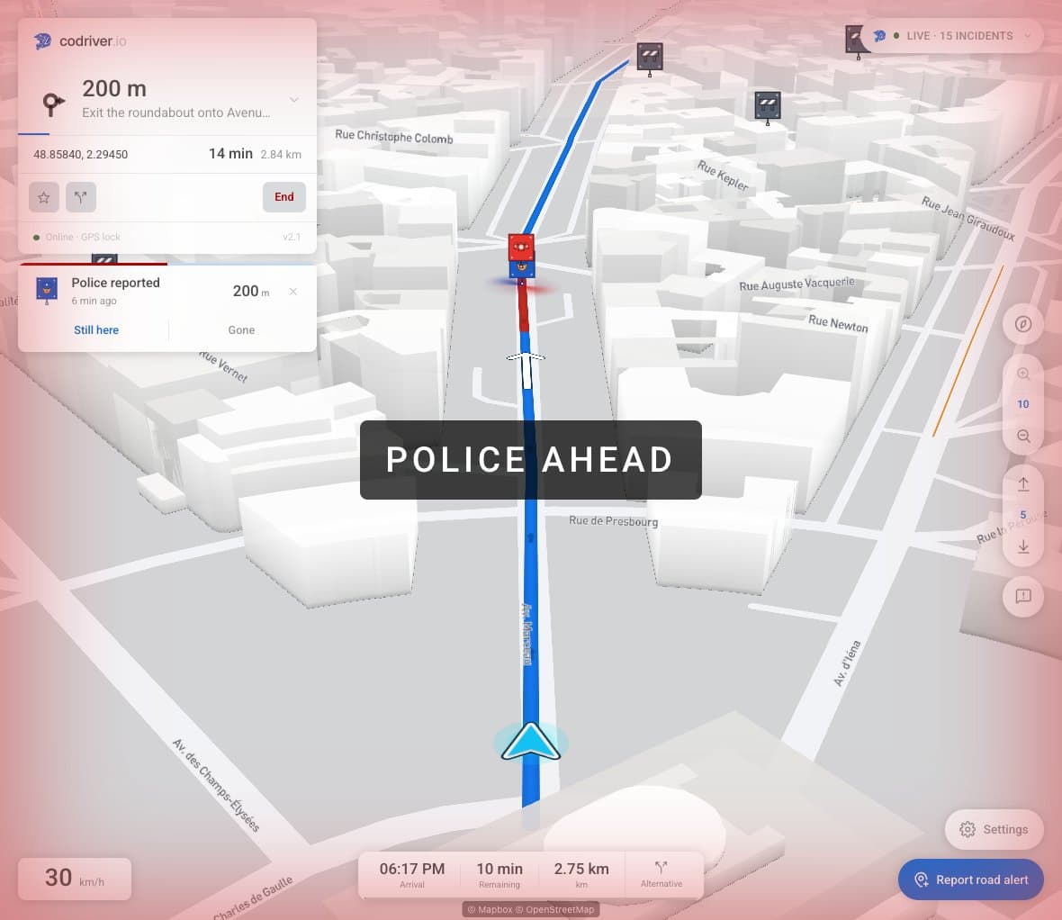 A scripted police report on the demo route with a distance countdown and Still here and Gone buttons