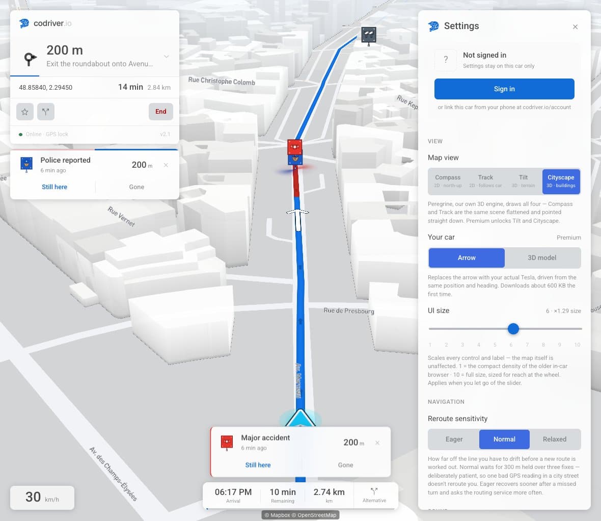 Settings panel starts with account connection, followed by map view, car display and UI size
