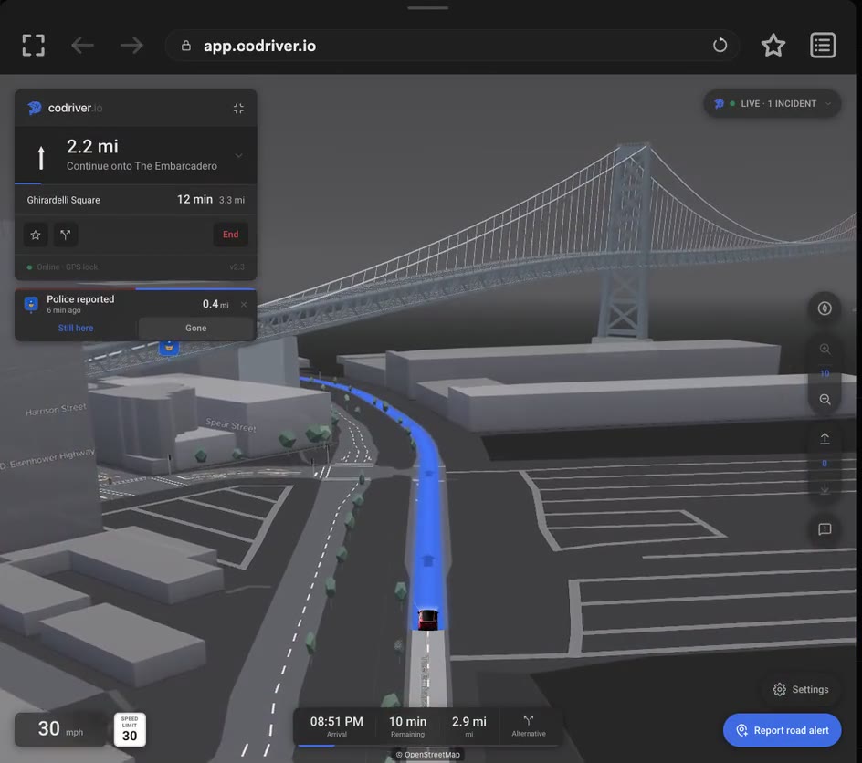 codriver’s 3D Cityscape map guiding a drive through San Francisco