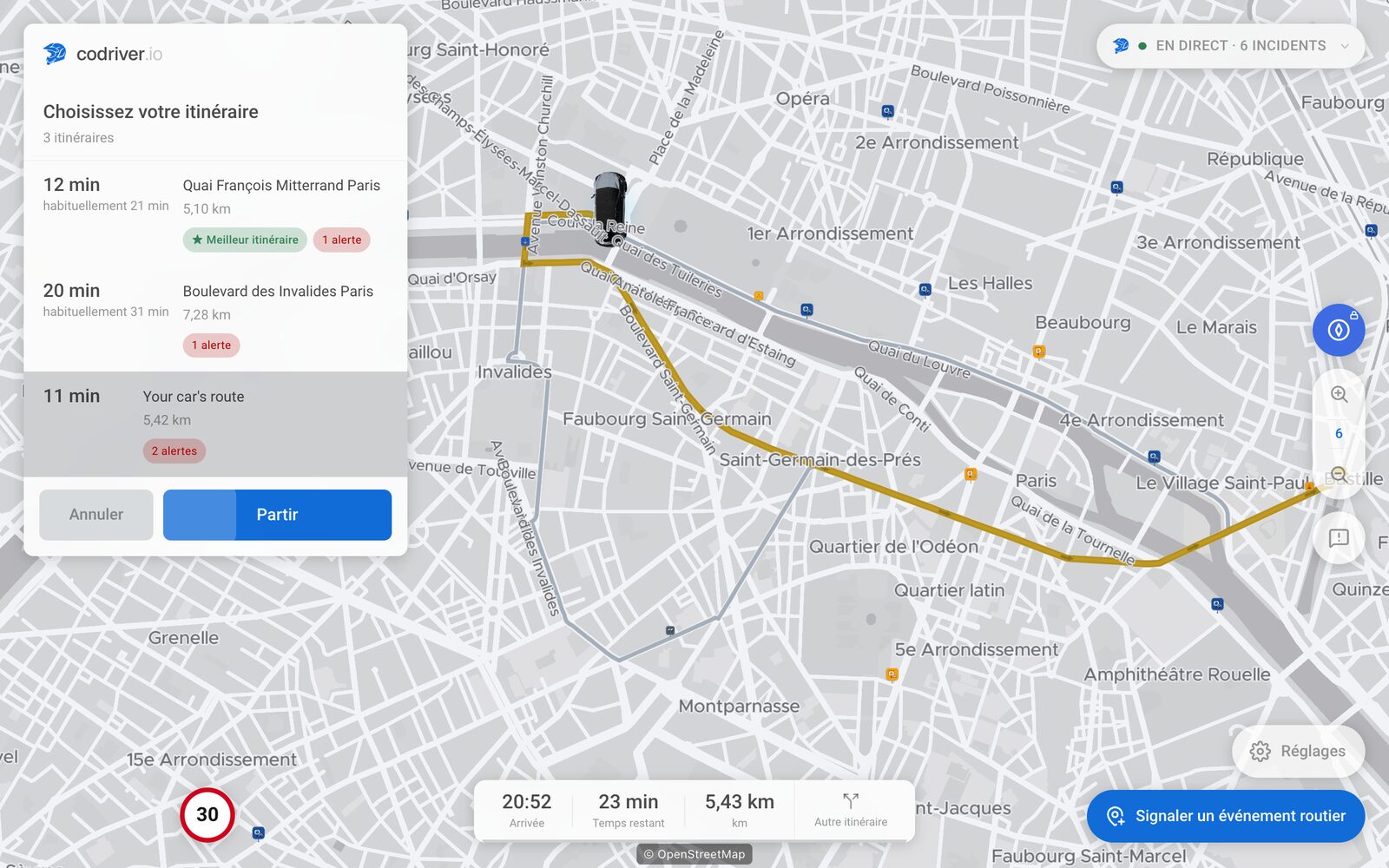 Le choix d’itinéraire de codriver sur le trajet simulé à Paris : la liste Choisissez votre itinéraire propose trois options, l’itinéraire de la voiture (libellé « Your car's route ») est sélectionné, son tracé est doré sur la carte et le bouton Partir est en dessous
